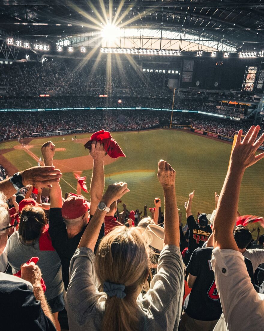Fans with their arms raised in the stands at a baseball game